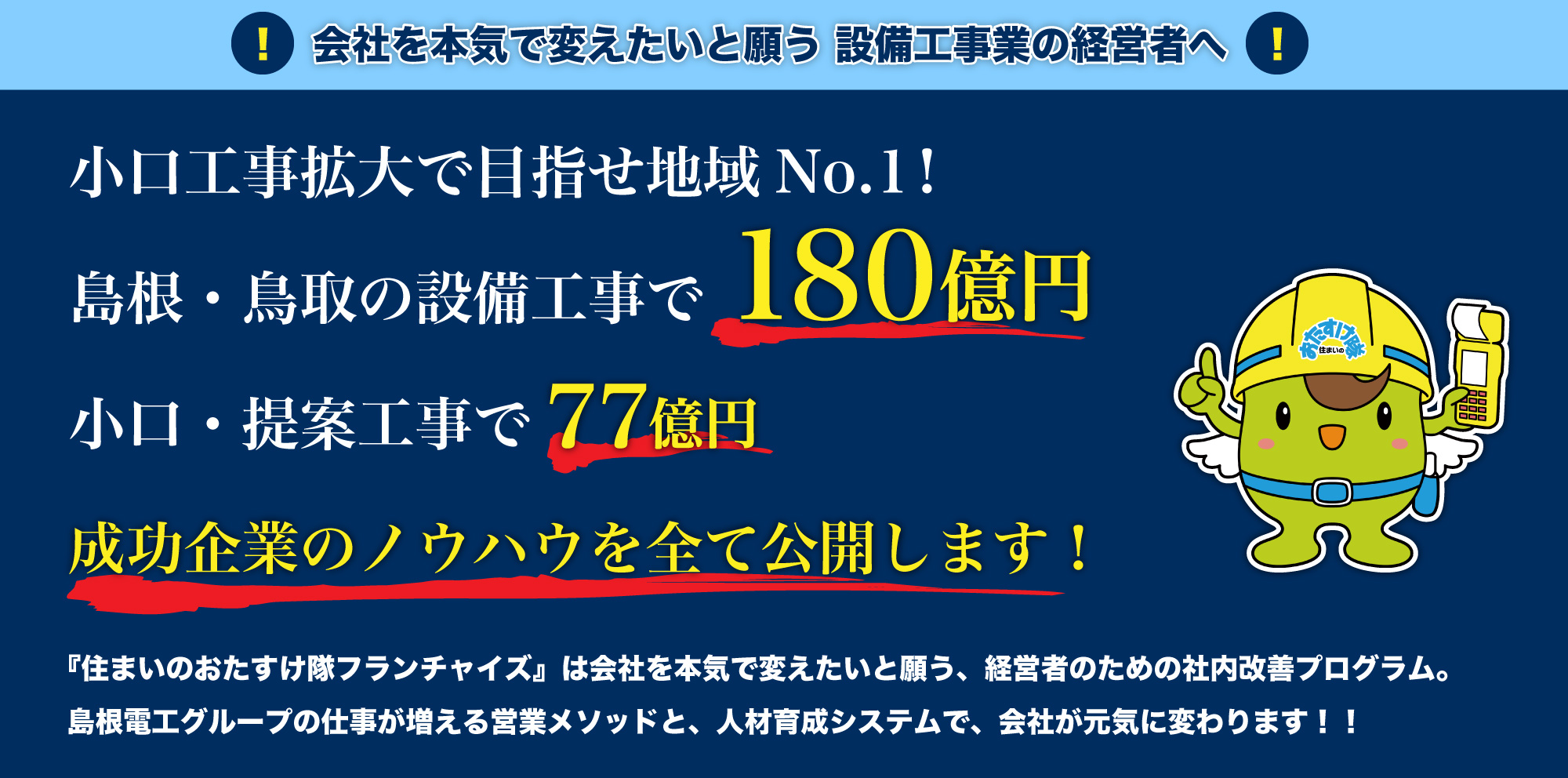 小口工事拡大で目指せ地域No.1!島根・鳥取の設備工事で180億円、小口・提案工事で77億円、企業の全てのノウハウ公開