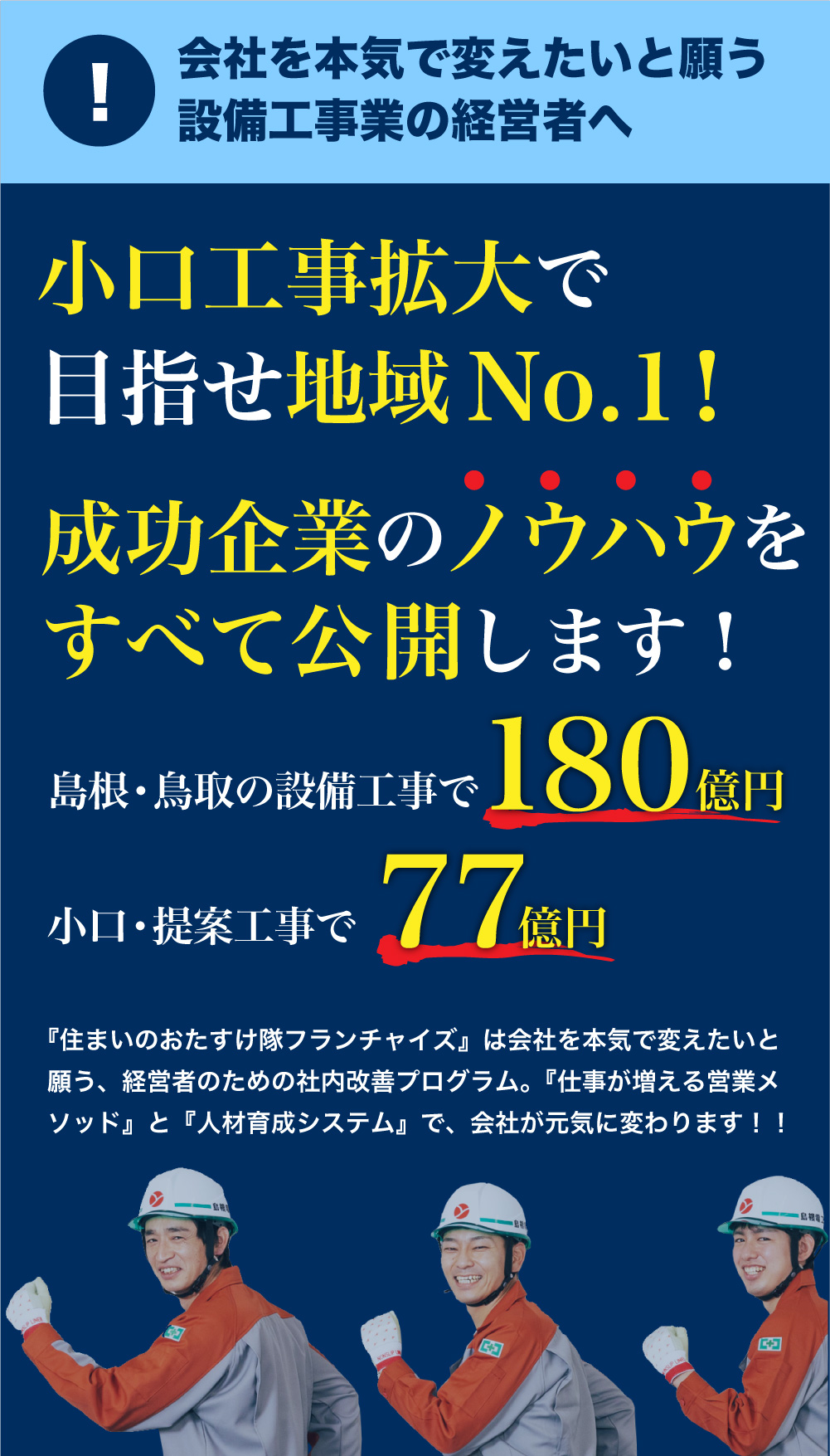 小口工事拡大で目指せ地域No.1!島根・鳥取の設備工事で180億円、小口・提案工事で77億円、企業の全てのノウハウ公開